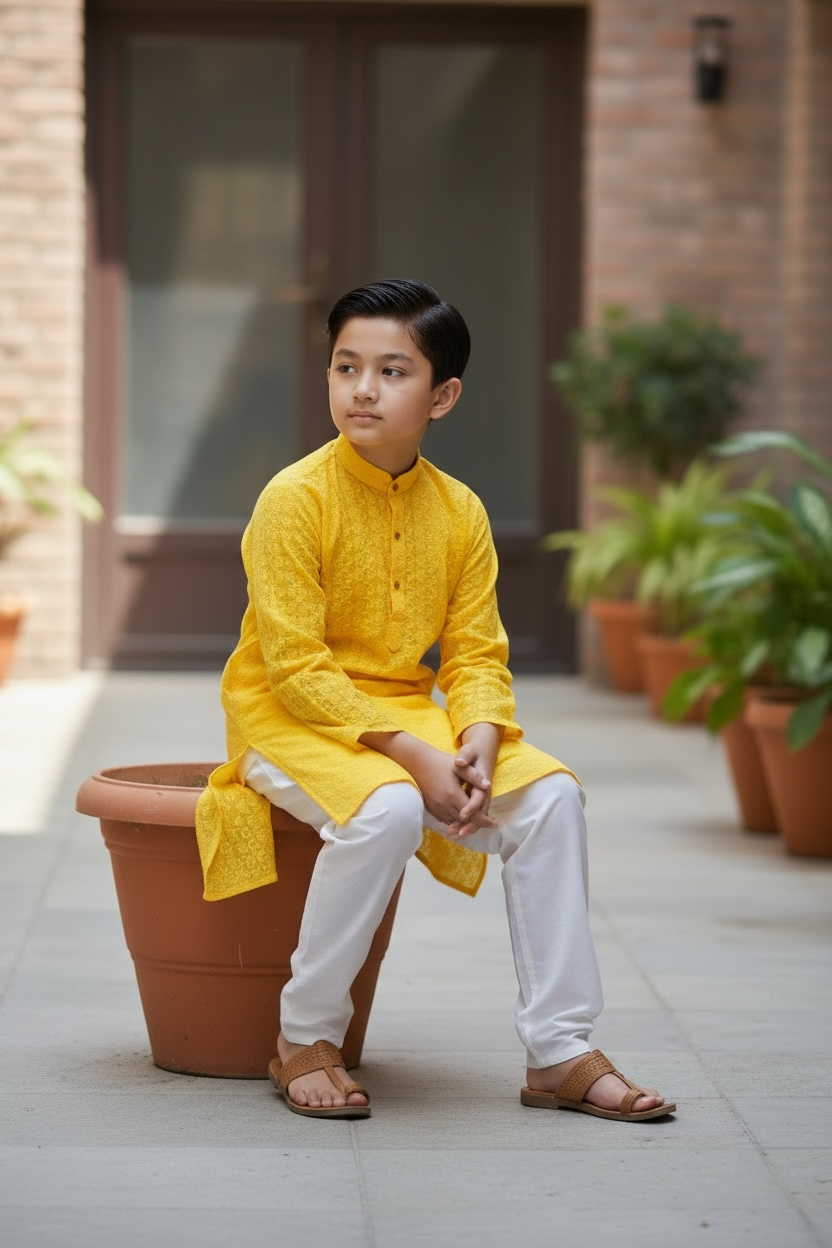 Yellow cotton Kurta set for kids