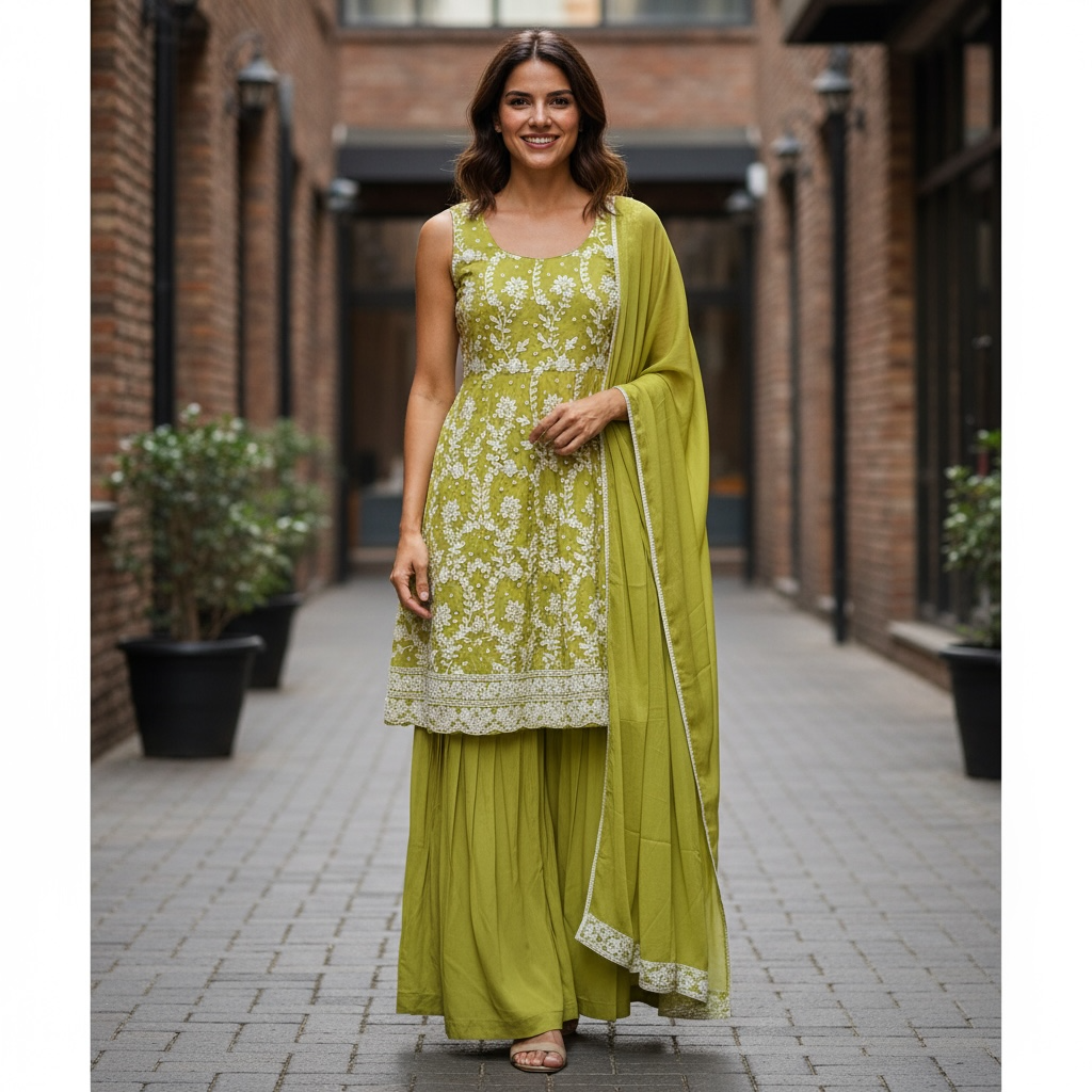 Chiffon Chikankari sharara suit - Kurti Connection USA