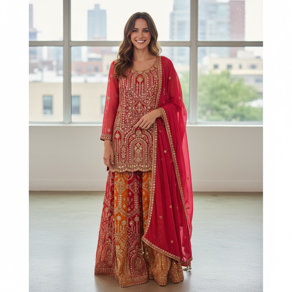 Dark pink sharara suit with heavy work - Kurti Connection USA