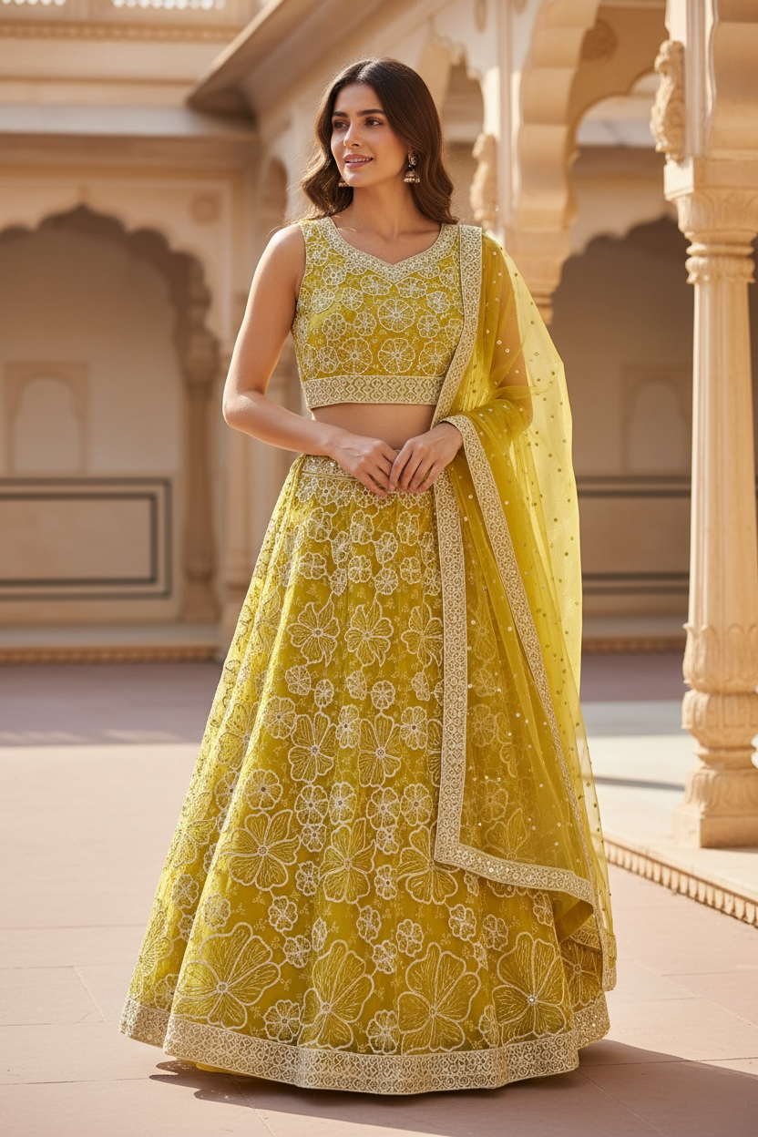 Yellow lehenga set by Kurti Connection USA