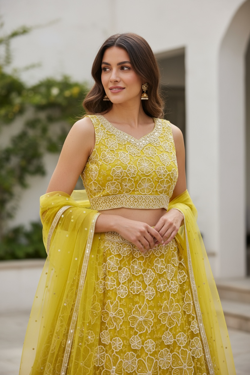 Yellow lehenga set by Kurti Connection USA