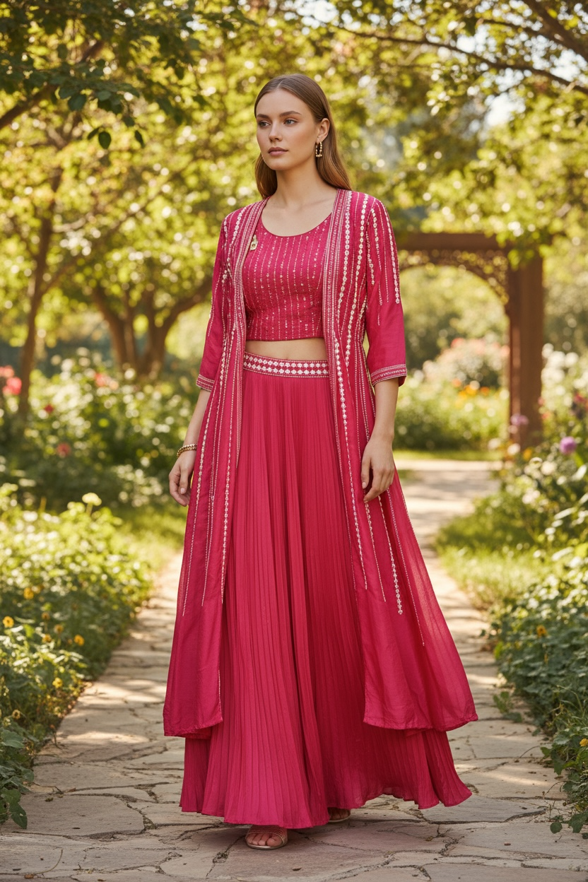 Dark pink Lehenga Choli set with long jacket by Kurti Connection USA
