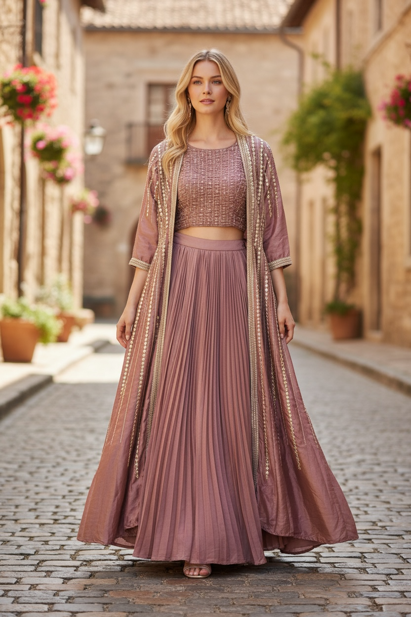 Dark pink Lehenga Choli set with long jacket by Kurti Connection USA