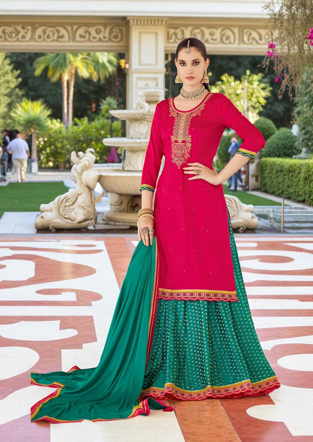 Dark pink : Modal silk Kurti with banarasi skirt by Kurti Connection USA