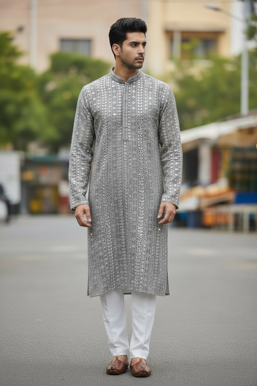 Sequin kurta set : light grey by Kurti Connection USA