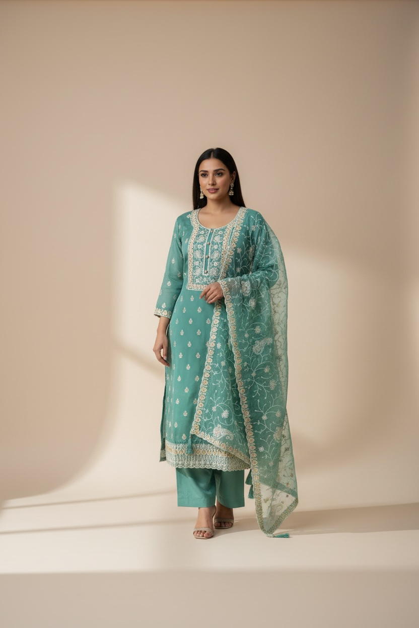 Embroidered silk salwar suit by Kurti Connection USA