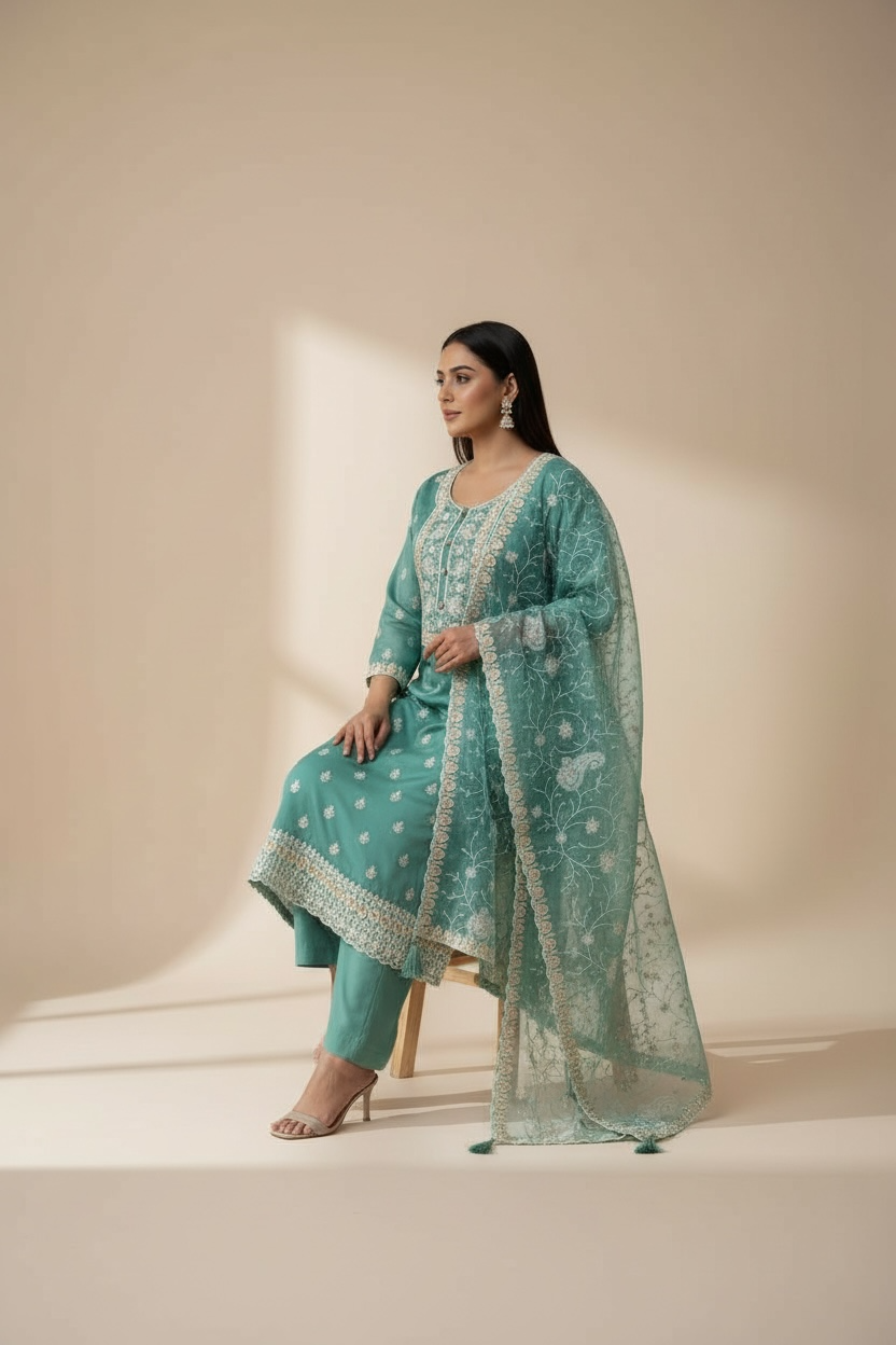 Embroidered silk salwar suit by Kurti Connection USA