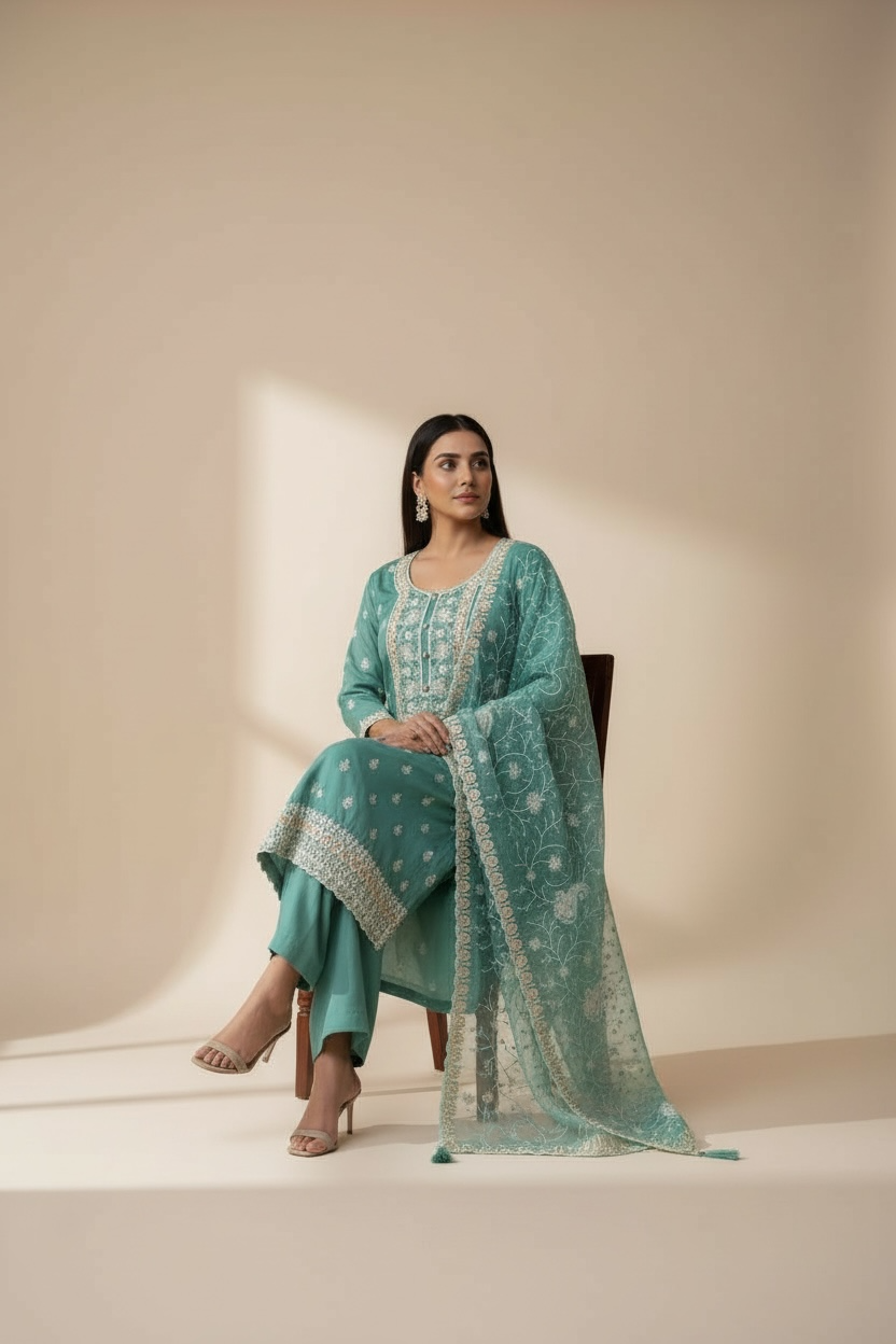 Embroidered silk salwar suit by Kurti Connection USA
