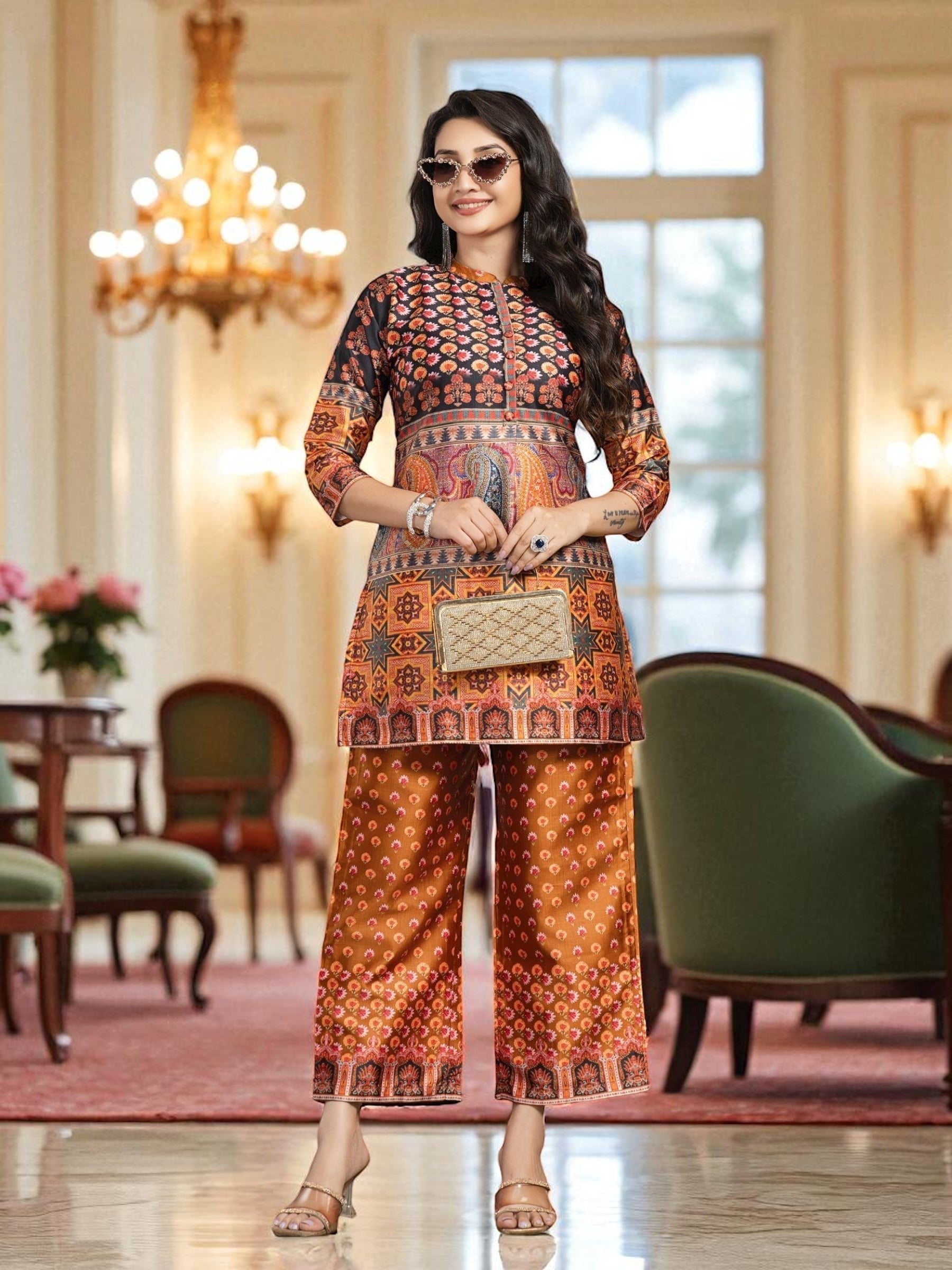 House Of Indian Wedding Attire Anvi co-ord set with orange, brown, and black print kurti and palazzo pants.