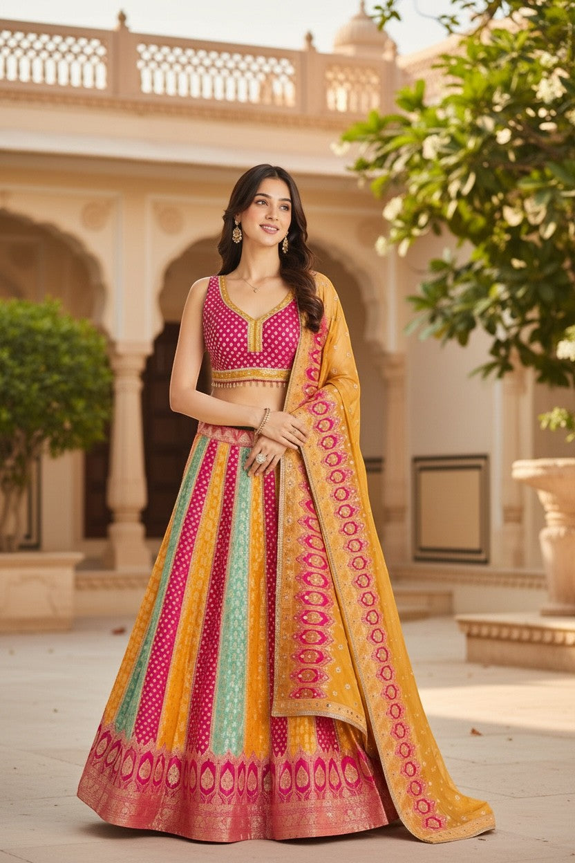 House Of Indian Wedding Attire pink and yellow Banarasi lehenga choli set with intricate woven fabric and striped pattern.
