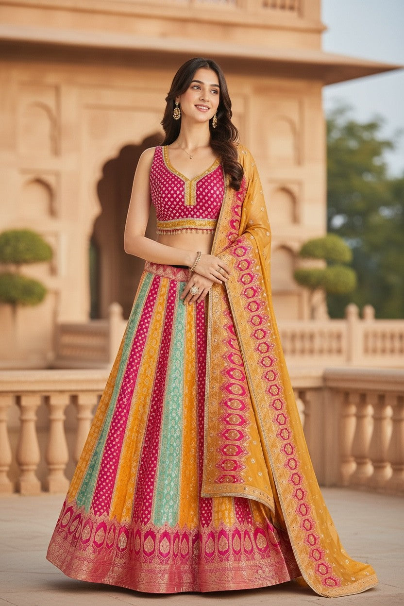 House Of Indian Wedding Attire Banarasi lehenga choli set in pink, yellow, and teal with intricate woven patterns. Model wears a sleeveless blouse and flowing skirt.