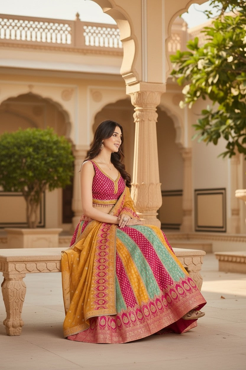 House Of Indian Wedding Attire Banarasi lehenga choli set in yellow, pink, and teal with intricate woven patterns. Sleeveless blouse.