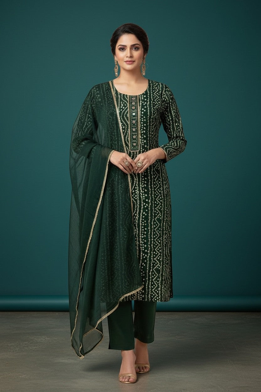 House Of Indian Wedding Attire emerald green silk Bandhani kurti set with white dots and gold embellishments.
