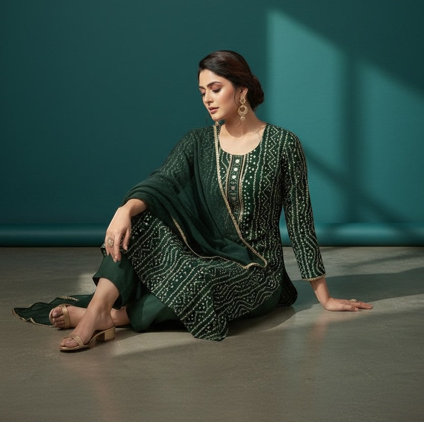 House Of Indian Wedding Attire emerald green silk Bandhani kurti set with white dots and golden embellishments. Includes trousers and dupatta.
