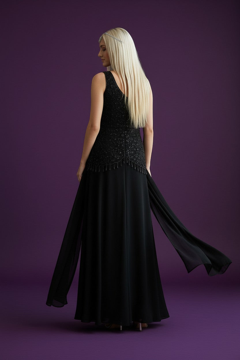 House Of Indian Wedding Attire black sleeveless embellished V-neck palazzo suit with flowing pants and sheer dupatta.