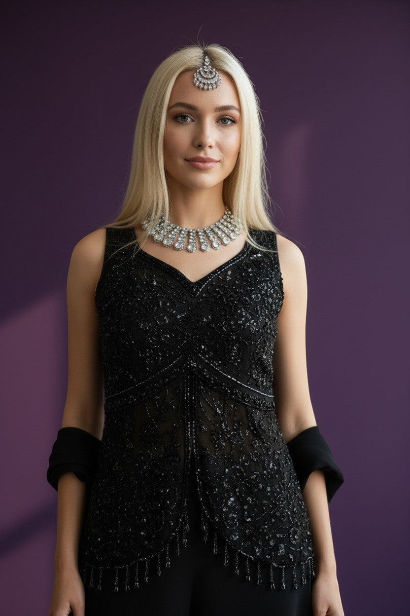 House Of Indian Wedding Attire black sleeveless V-neck palazzo suit embellished with beads and sequins. Includes matching dupatta.