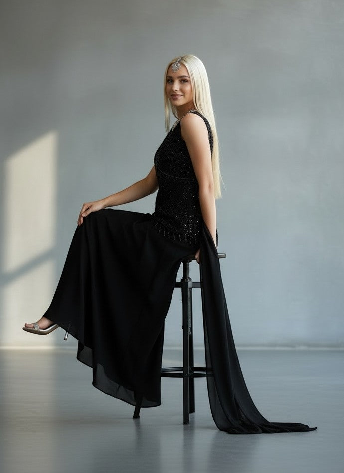 House Of Indian Wedding Attire black sleeveless V-neck palazzo suit with intricate beadwork and sequins. Sheer dupatta.
