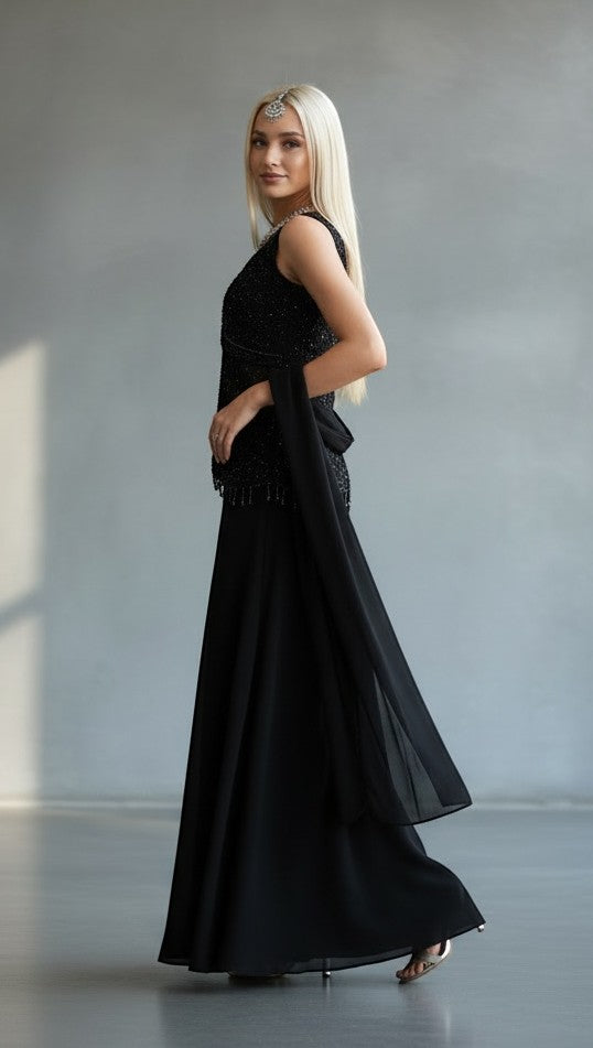House Of Indian Wedding Attire black sleeveless V-neck palazzo suit with intricate beadwork and sequins. Flowing pants and sheer dupatta.