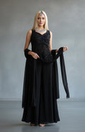 House Of Indian Wedding Attire black sleeveless V-neck palazzo suit with intricate beadwork and sequins, matching sheer dupatta.