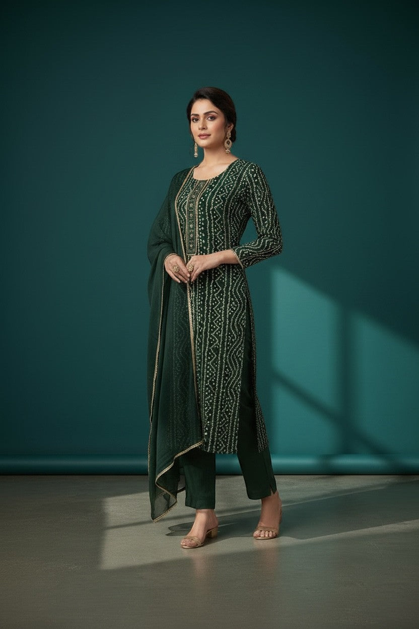 House Of Indian Wedding Attire emerald green silk Bandhani kurti set with white dots and golden embellishments, paired with trousers and dupatta.
