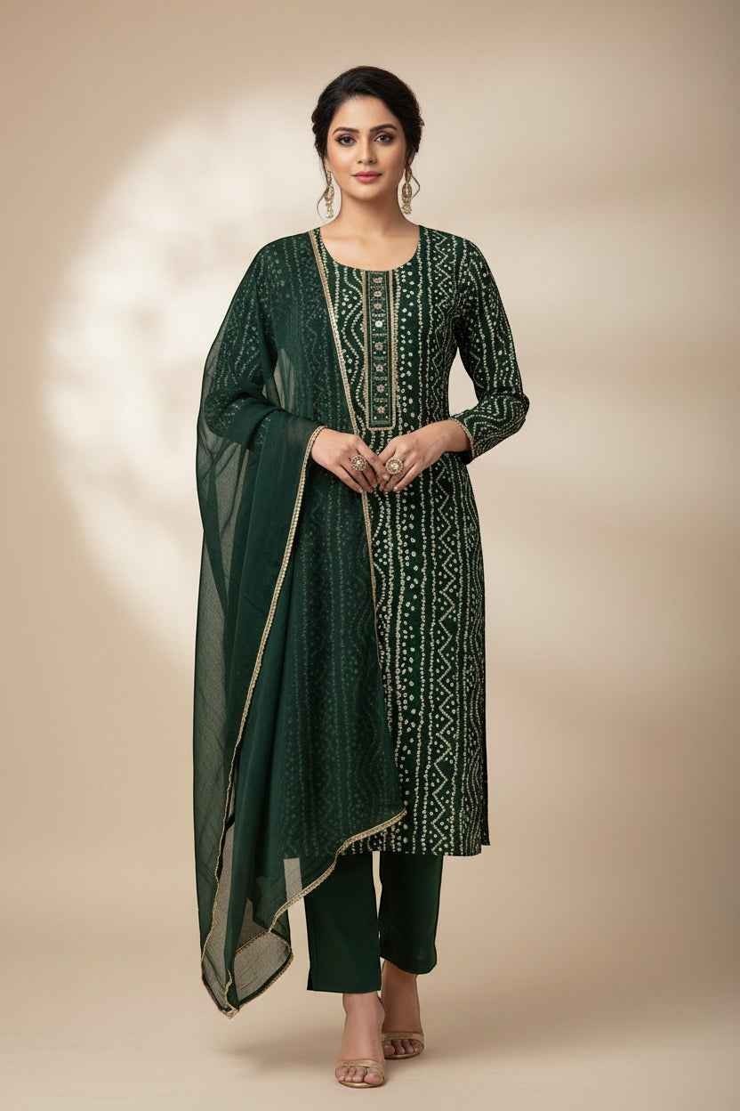 House Of Indian Wedding Attire emerald green silk Bandhani kurti set with white dots and gold embellishments.