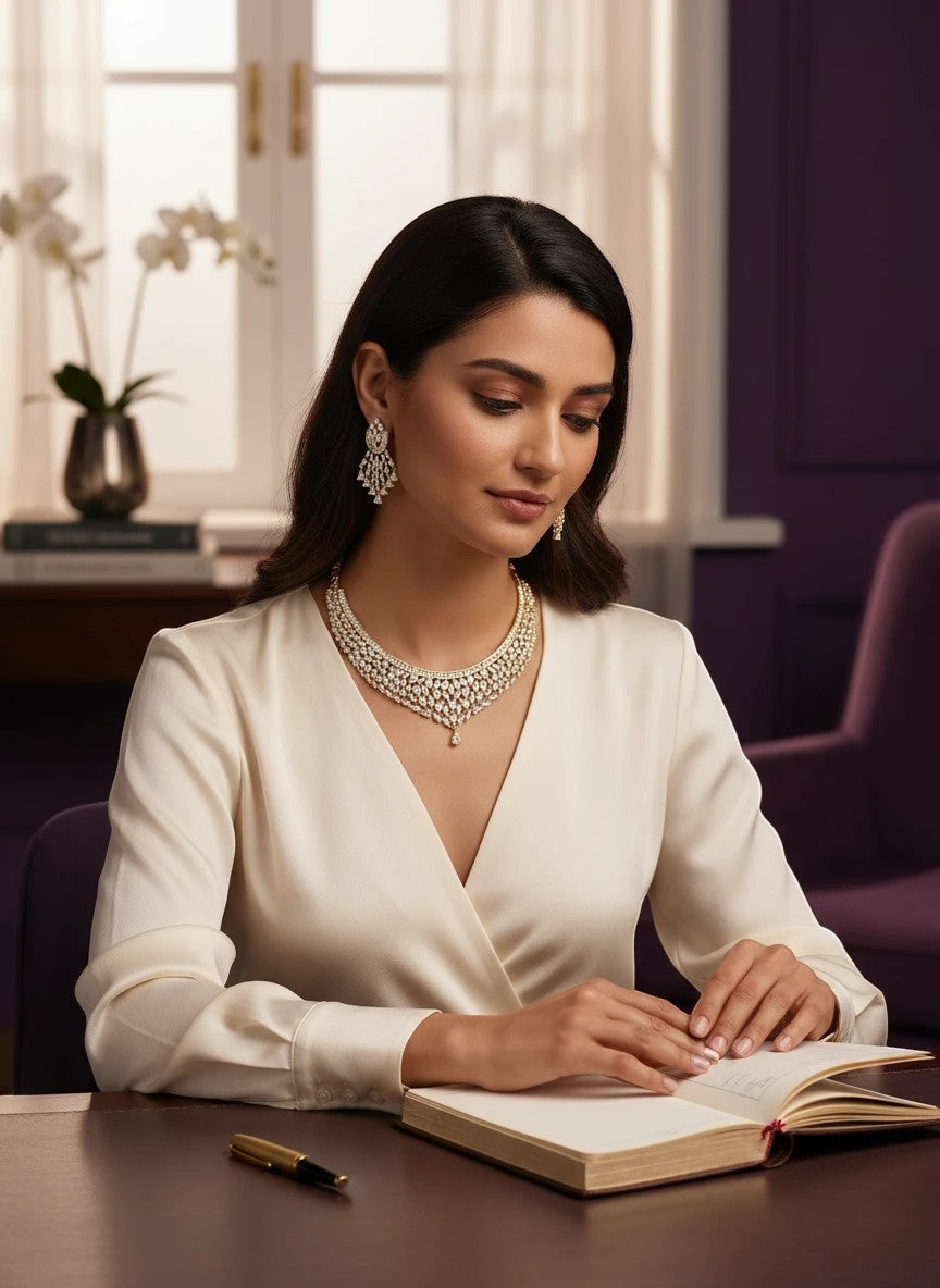 House Of Indian Wedding Attire gold-toned choker necklace and drop earrings with cubic zirconia stones