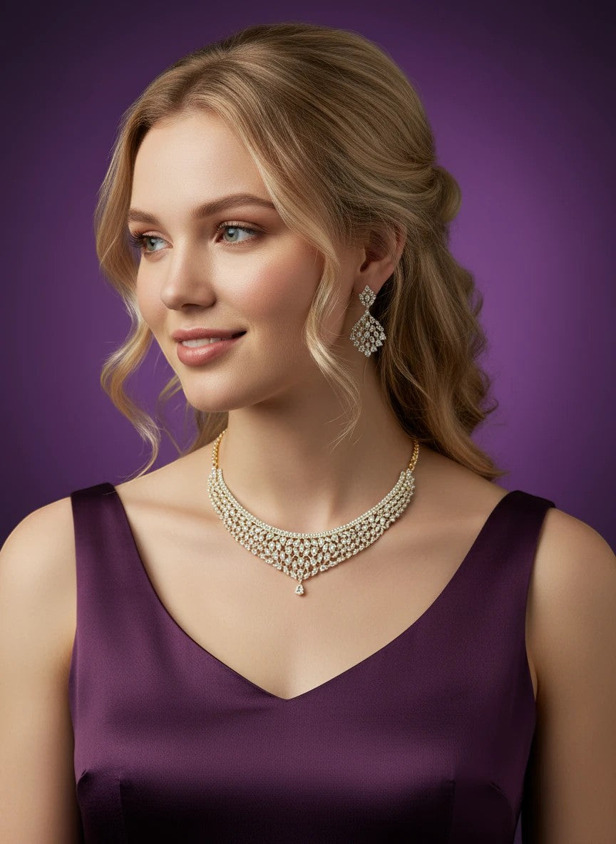 House Of Indian Wedding Attire gold-toned choker necklace and drop earrings set with clear cubic zirconia stones.