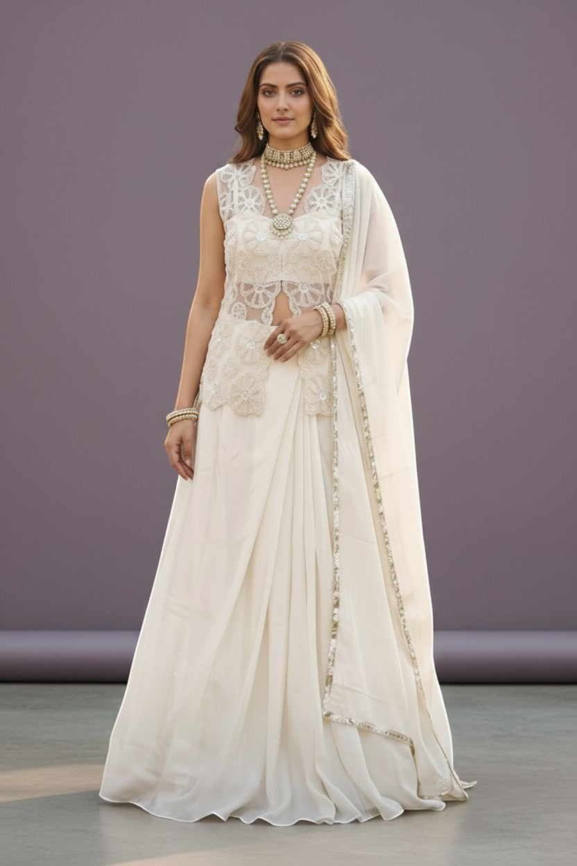 House Of Indian Wedding Attire ivory embroidered sleeveless lehenga set with sheer dupatta and lacework blouse.