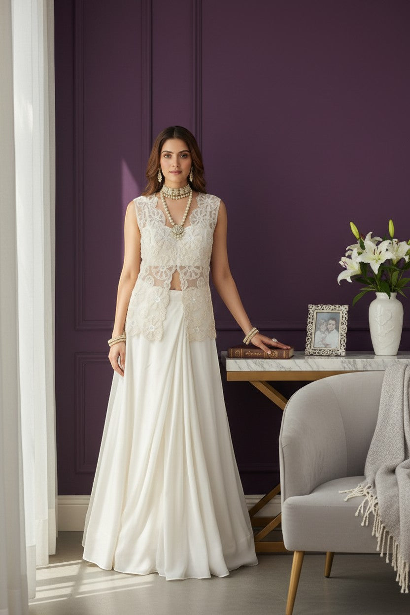 House Of Indian Wedding Attire ivory embroidered sleeveless lehenga set with lace overlay and pearl jewelry.