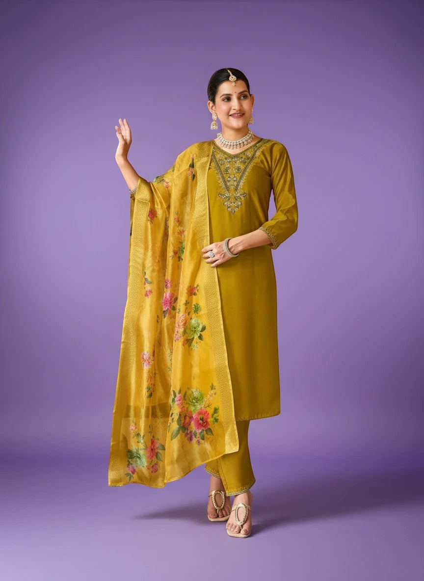 House Of Indian Wedding Attire mustard yellow kurti set with floral print dupatta and intricate neckline embroidery.