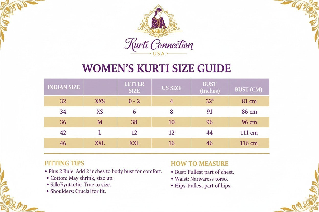 House Of Indian Wedding Attire women's kurti size guide chart with Indian, letter, US, and bust measurements in inches and cm.