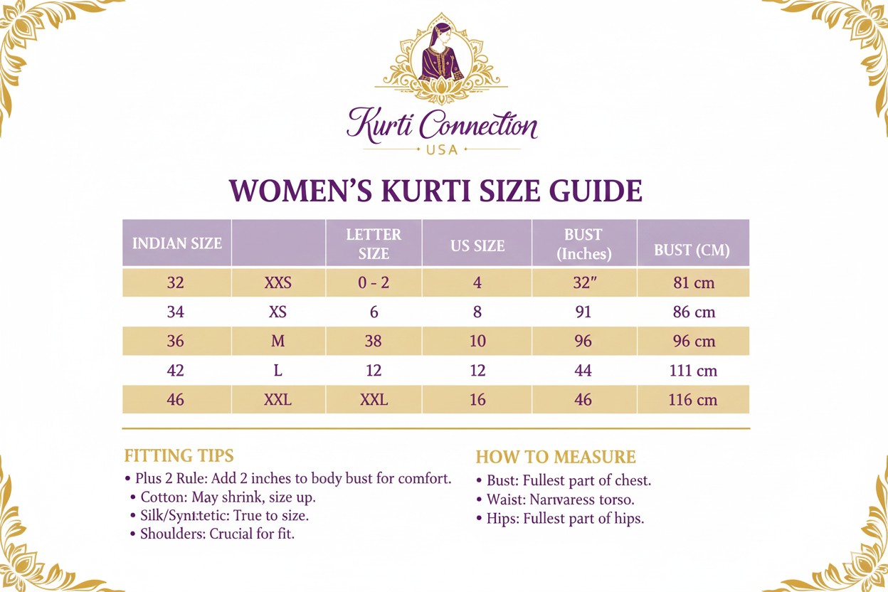 House Of Indian Wedding Attire women's kurti size guide chart with Indian size, letter size, US size, and bust measurements in inches and cm.