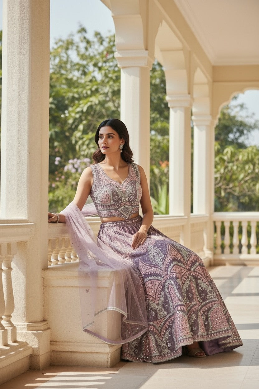 House Of Indian Wedding Attire lavender paisley print lehenga choli set with intricate beadwork and sequin embellishments.