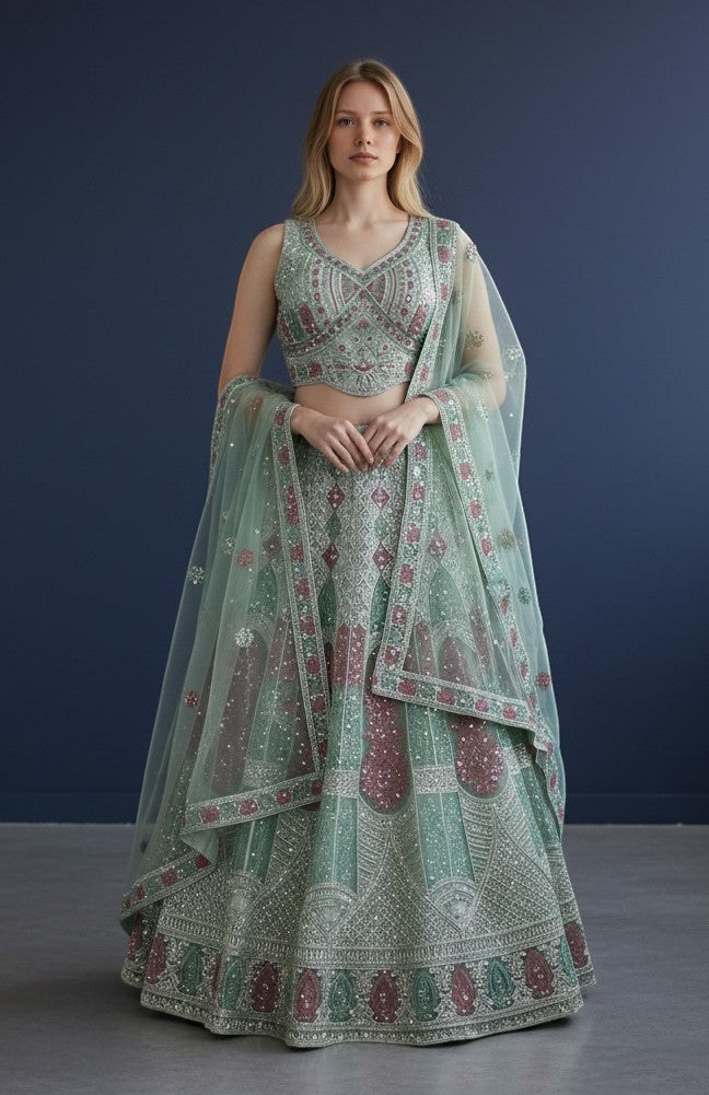 House Of Indian Wedding Attire light green lehenga choli set with intricate embroidery and sequin details, sleeveless blouse, and sheer dupatta.