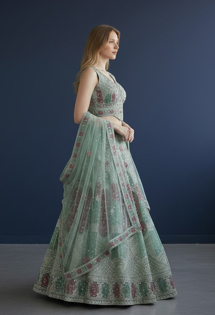 House Of Indian Wedding Attire light green lehenga choli set with intricate embroidery and sequin details. Sleeveless crop top and flowing skirt.