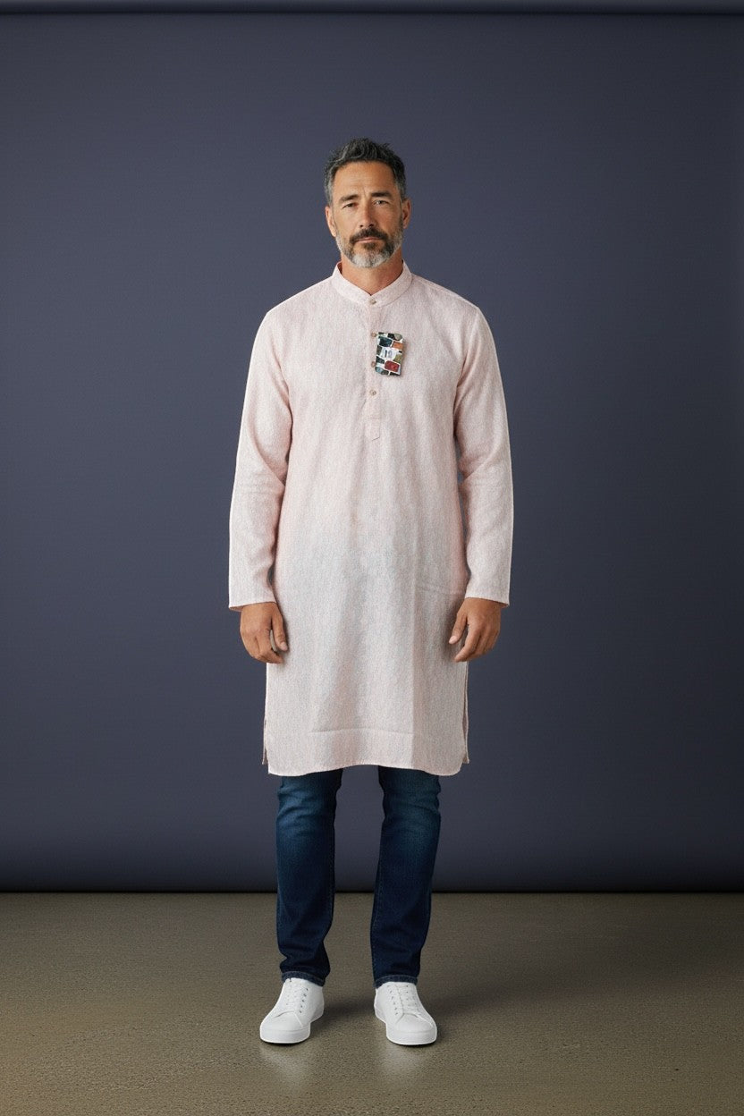 House Of Indian Wedding Attire light pink polyester kurta for men with a mandarin collar and decorative chest detail.