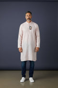House Of Indian Wedding Attire light pink polyester kurta for men with a mandarin collar and decorative chest detail.