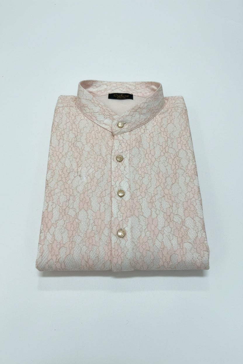 House Of Indian Wedding Attire light pink polyester kurta for men with intricate lace pattern and gold buttons.