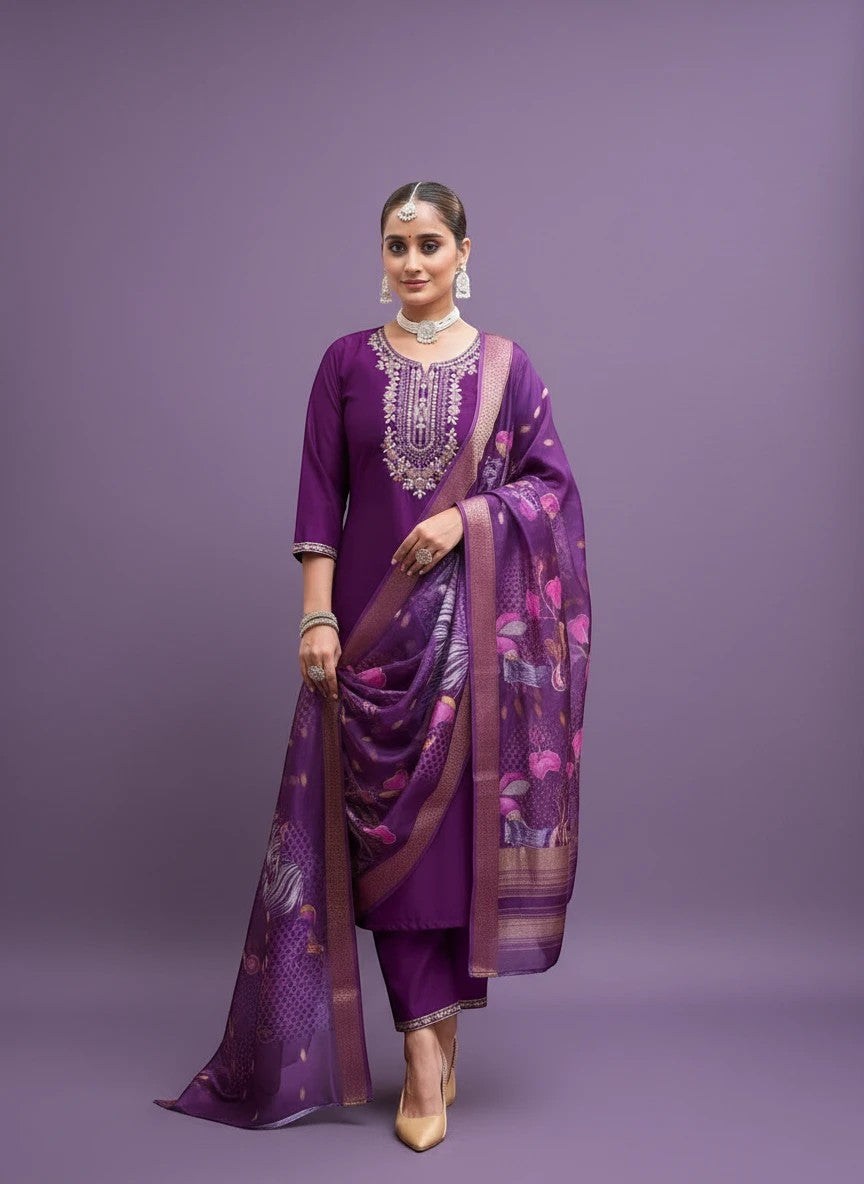 House Of Indian Wedding Attire Malhar plus size kurti set in deep purple with embroidered neckline and cuffs, matching trousers, and printed dupatta.