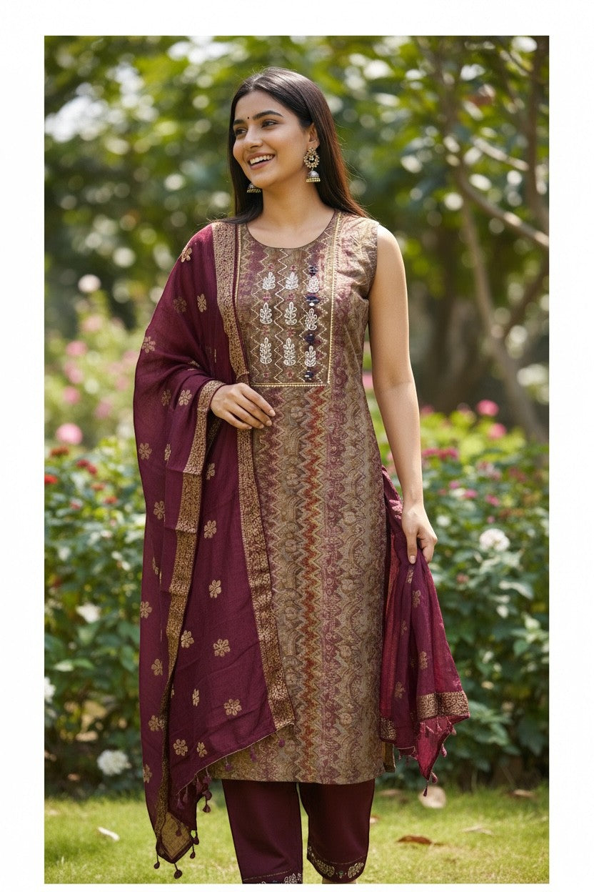 House Of Indian Wedding Attire sleeveless brown modal silk salwar suit with white & blue embroidery and maroon dupatta.