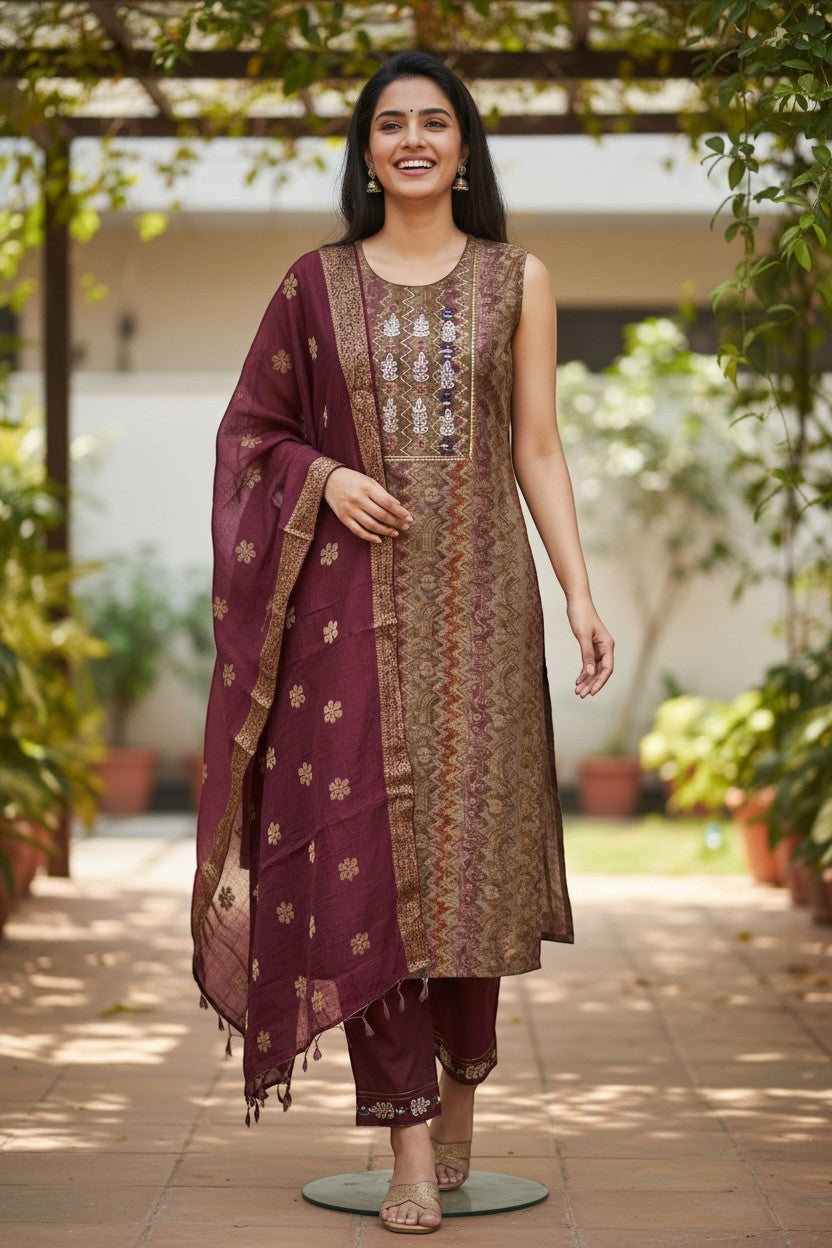 House Of Indian Wedding Attire brown modal silk salwar suit with sleeveless kurta, embroidered neckline, and maroon dupatta with gold motifs.