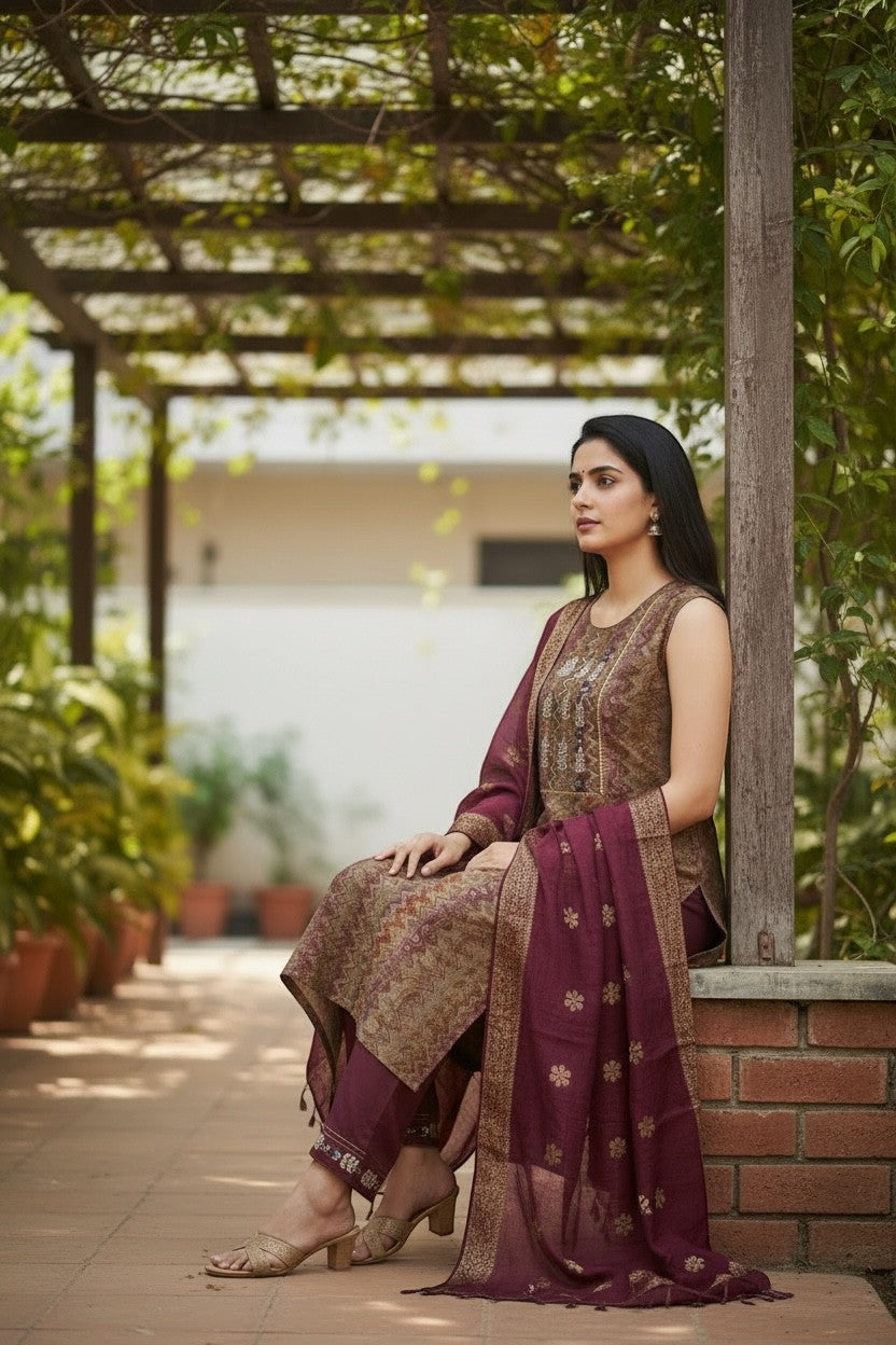 House Of Indian Wedding Attire brown modal silk salwar suit with sleeveless embroidered kurta and maroon dupatta.