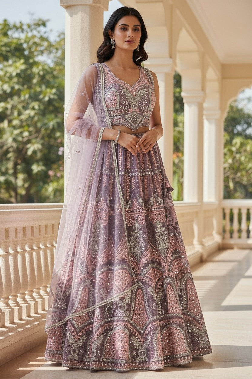 House Of Indian Wedding Attire purple lehenga choli set with intricate embroidery and sequin details. Size 44.