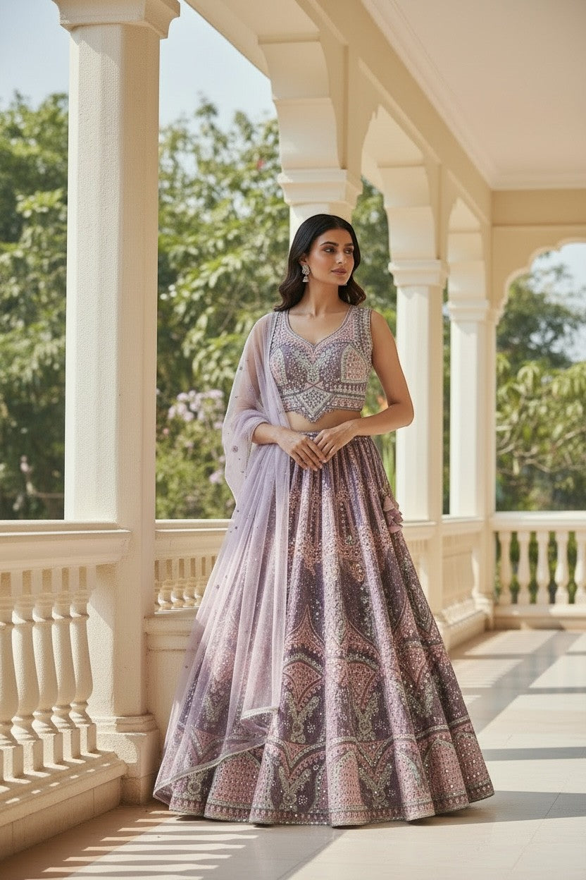 House Of Indian Wedding Attire purple embroidered lehenga choli set with sheer dupatta, size 44.