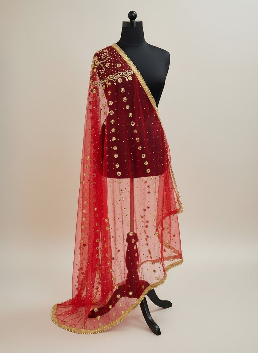 House Of Indian Wedding Attire red net bridal dupatta with gold sequins and mirror work embellishments and lace trim.