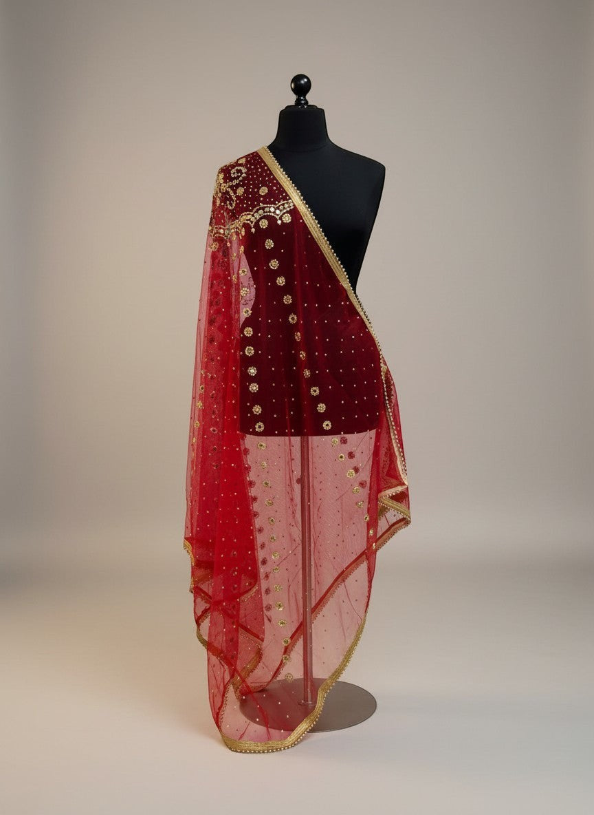 House Of Indian Wedding Attire red net bridal dupatta with gold sequins, mirror work, and lace trim.