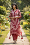 House Of Indian Wedding Attire maroon and cream silk co ord set with leaf print and tassels