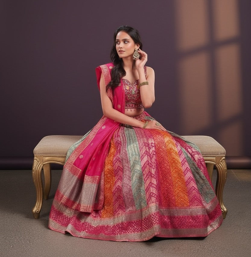 House Of Indian Wedding Attire pink silk lehenga choli set with embroidered choli and colorful striped skirt.