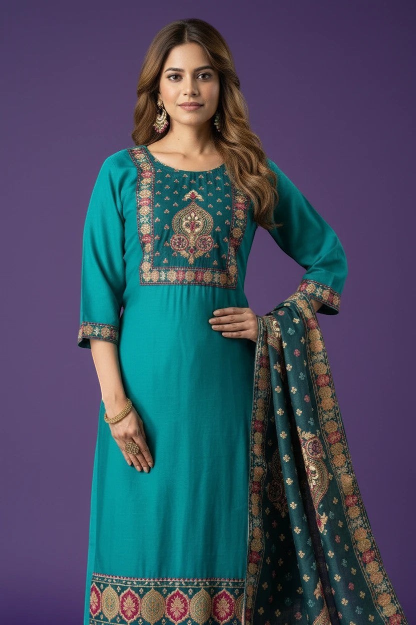 House Of Indian Wedding Attire teal linen cotton salwar suit with intricate embroidery on neckline and hem.