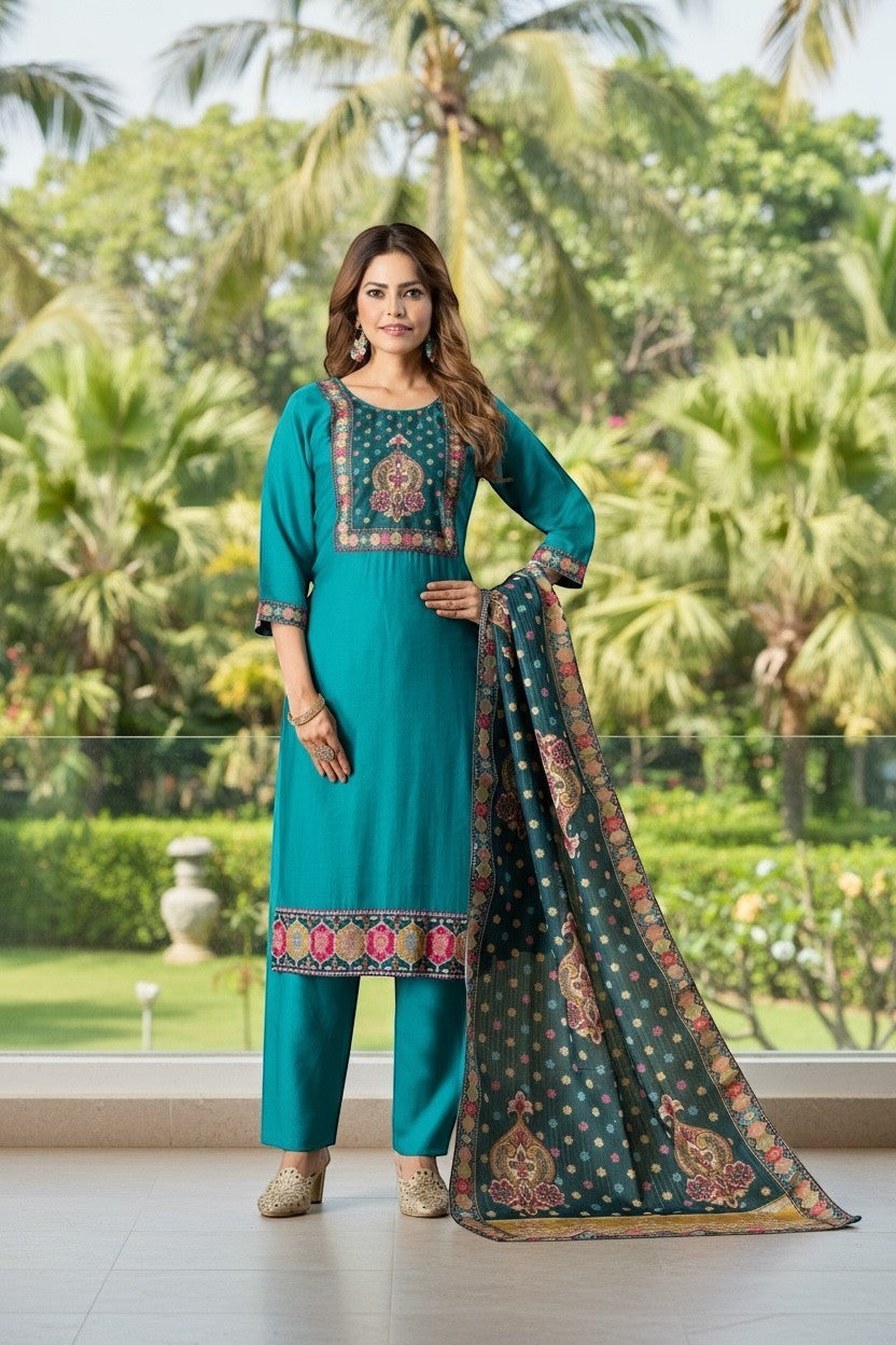 House Of Indian Wedding Attire teal linen cotton salwar suit with embroidered neckline and border, paired with printed dupatta.